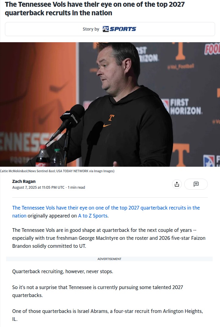 Tennessee Vols target top 2027 QB prospect