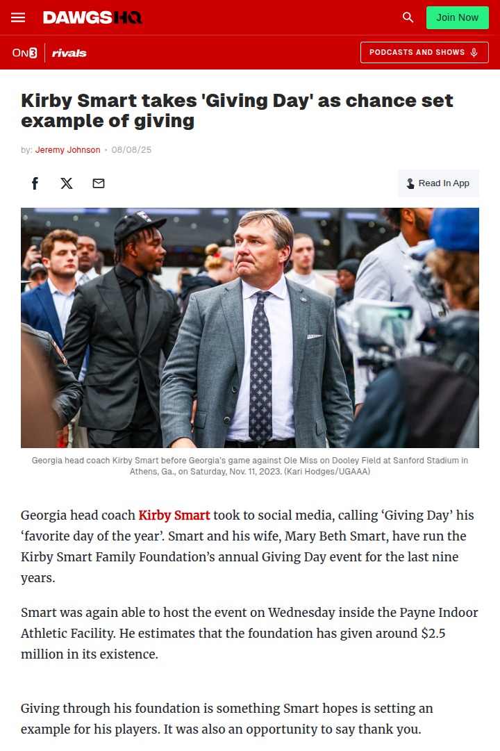 Kirby Smart’s giving spirit inspires Georgia