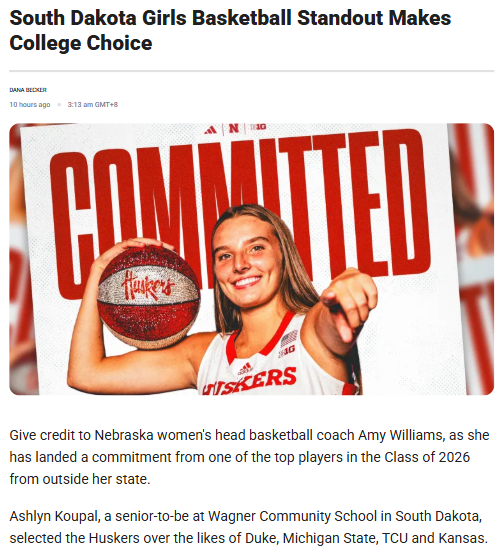 Huskers Land SD’s Gatorade Star Koupal