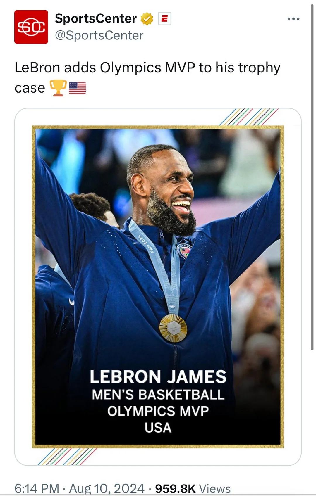 One year ago today, LeBron James won Olympics MVP