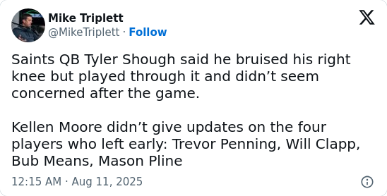 Saints rookie QB Tyler Shough dodges major injury