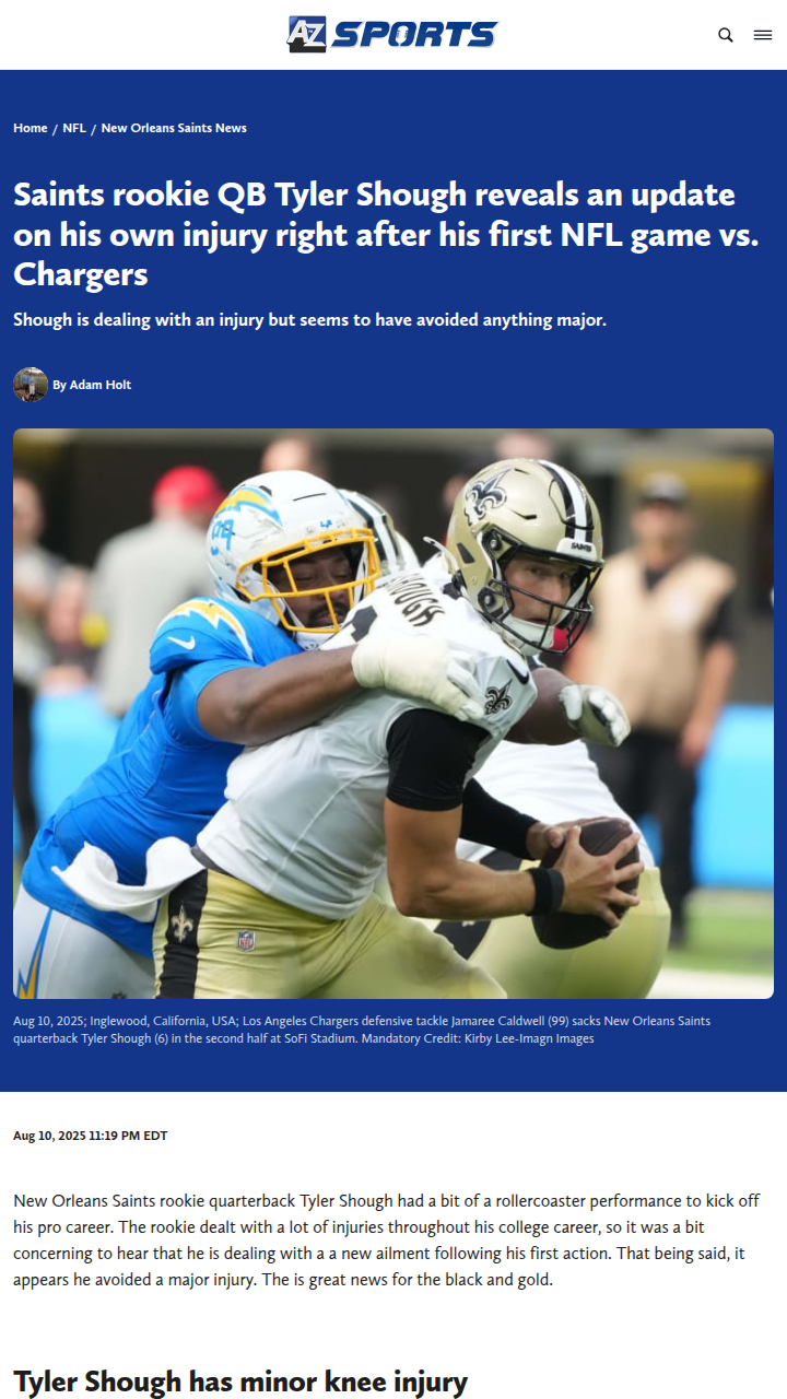 Saints rookie QB Tyler Shough dodges major injury