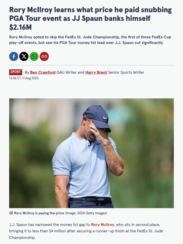 McIlroy vs Spaun: FedEx Cup Money Race Heats Up