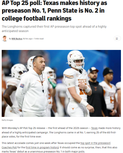 Texas Tops AP Top 25, Penn State Surges