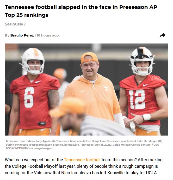 Tennessee football snubbed in AP Top 25