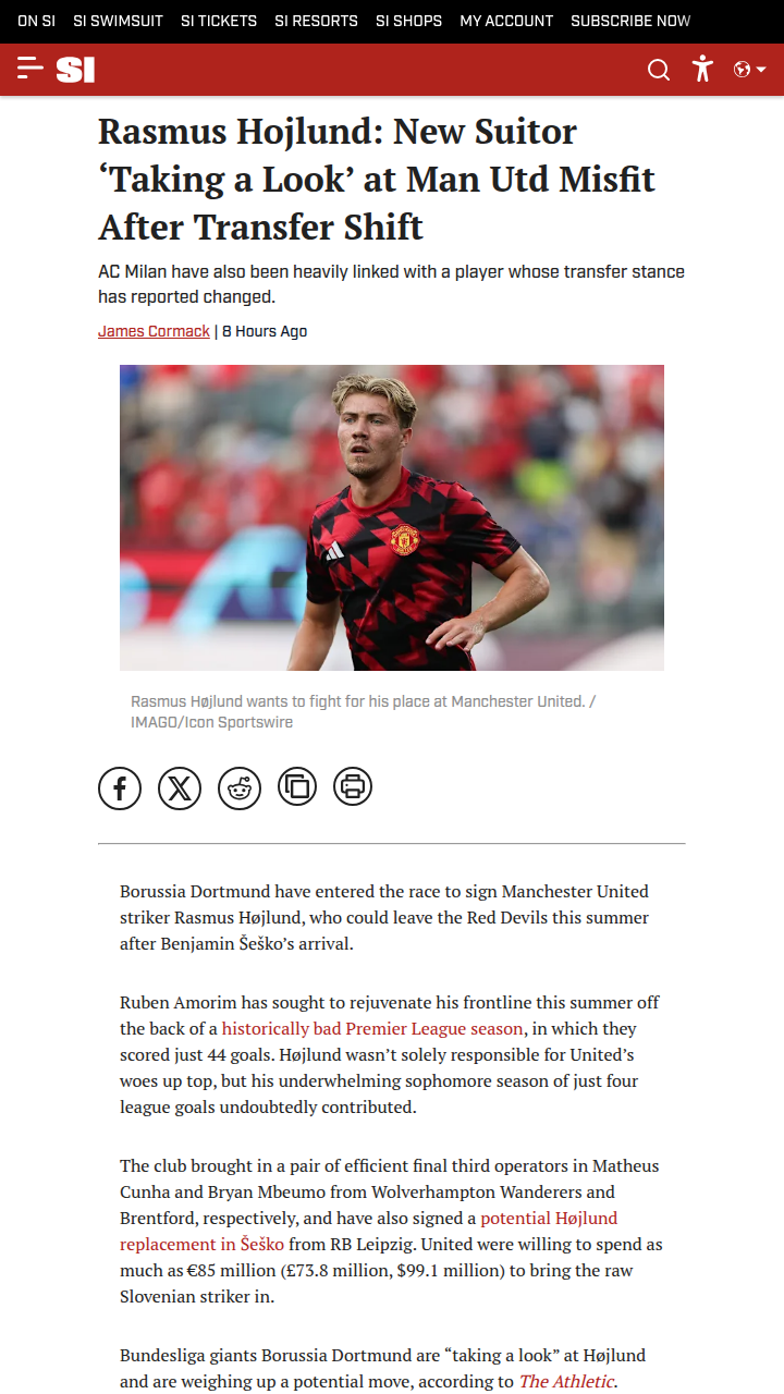 Dortmund Eyes Man United’s Højlund Move