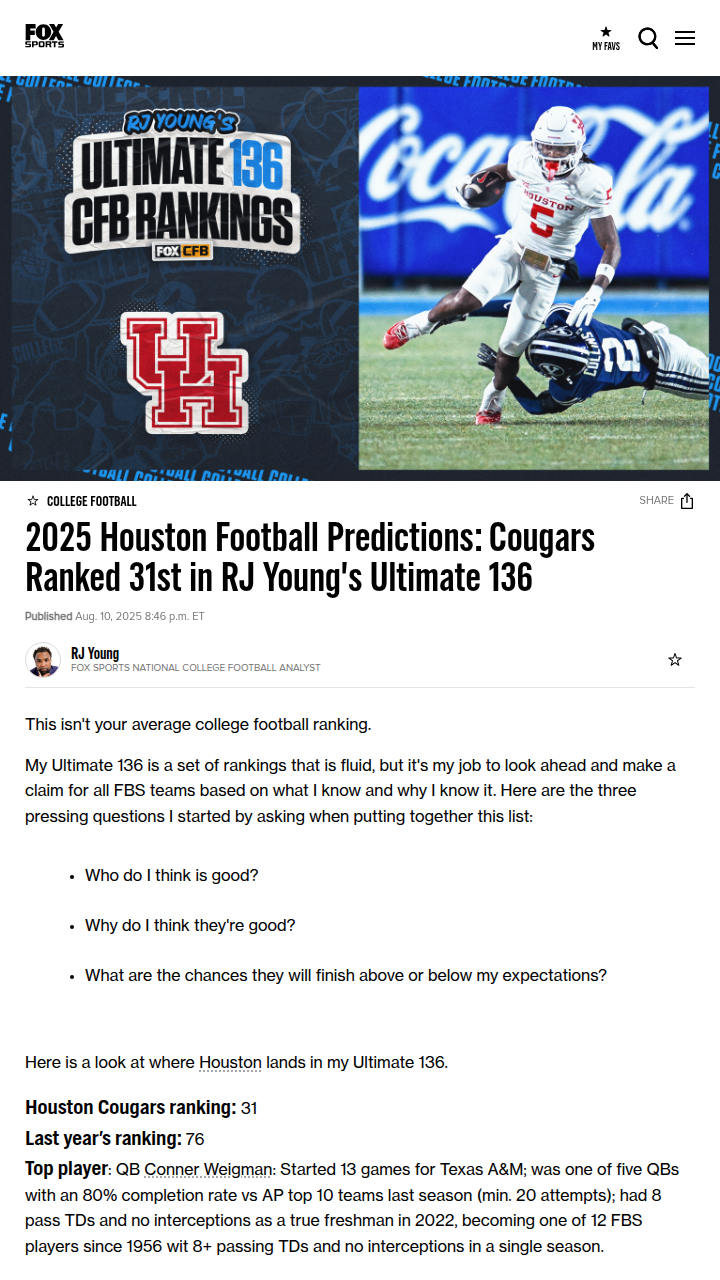 Houston Cougars leap to 31st in 2025 rankings
