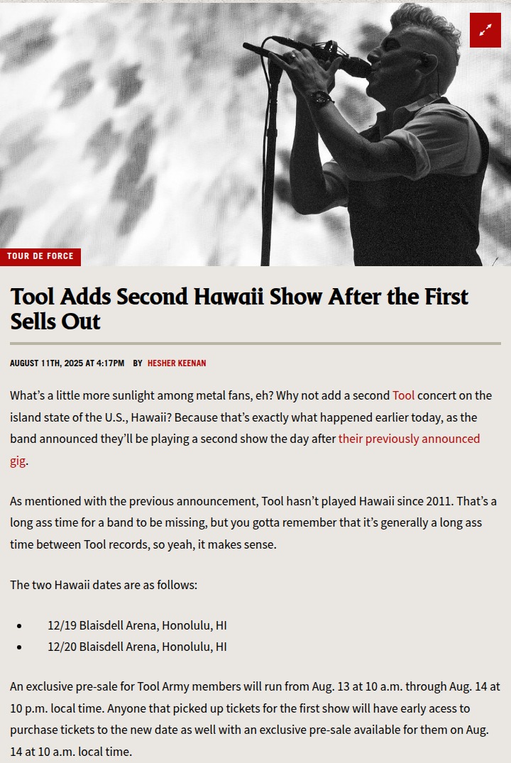 Tool fans in Honolulu get a second show!