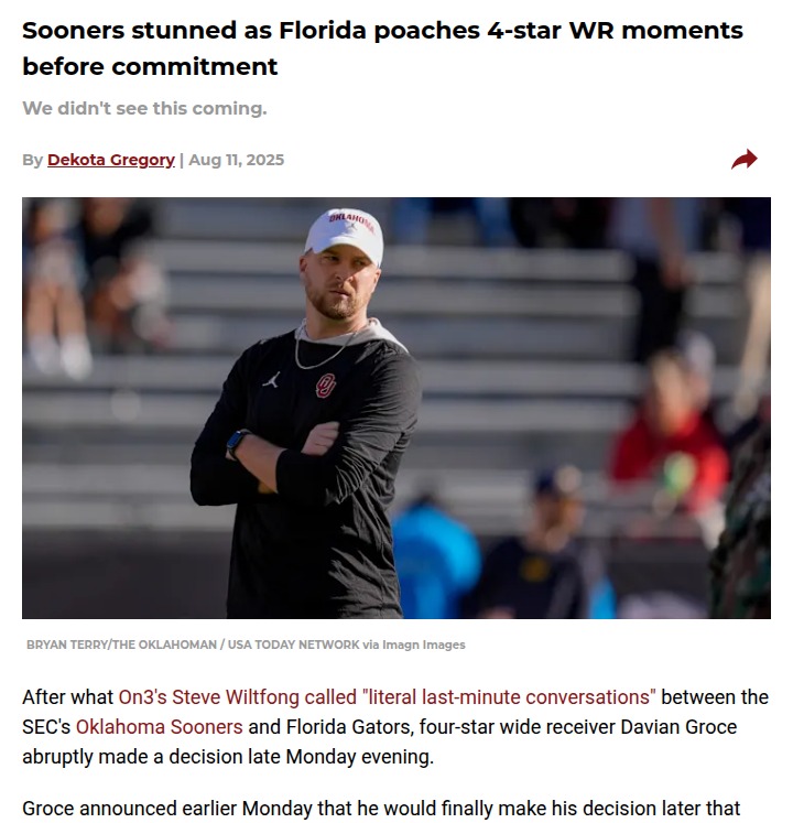 Sooners Lose 4-Star WR to Gators in Shocker