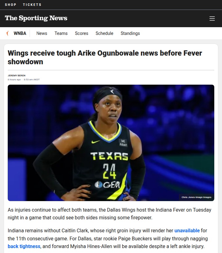 Wings face Fever with Arike Ogunbowale in doubt