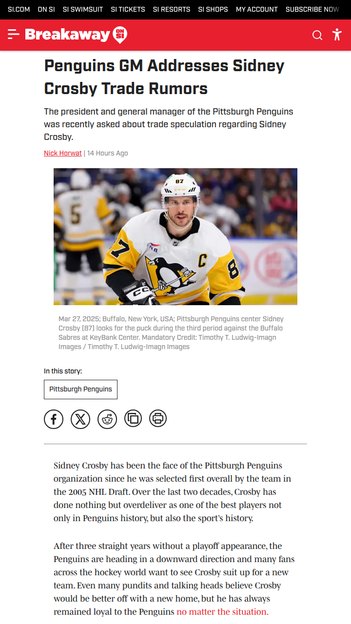 Sid the Kid Staying Put? Dubas Shuts Down Rumors