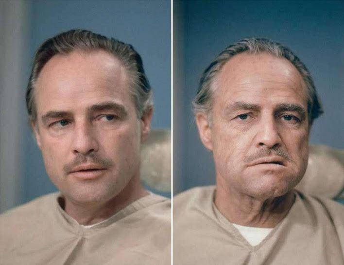 Marlon Brando before and after makeup for The Godfather, 1971
