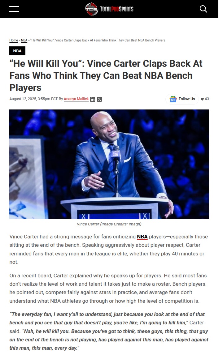 Vince Carter Defends NBA Bench Mob
