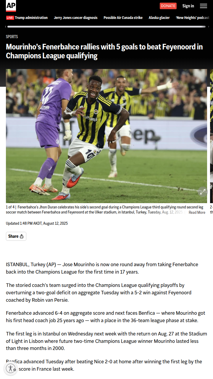 Mourinho’s Comeback Magic Lifts Fenerbahce