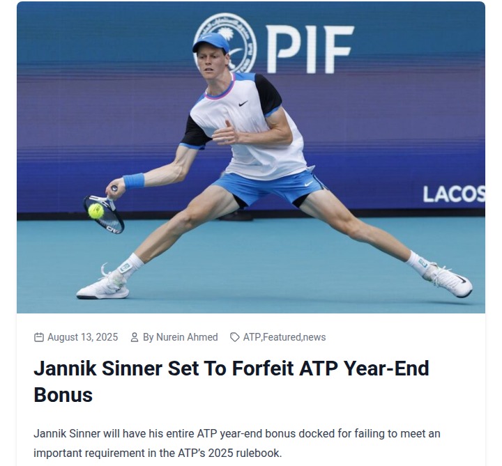 Sinner’s Bonus Wiped Out: ATP Rule Strikes