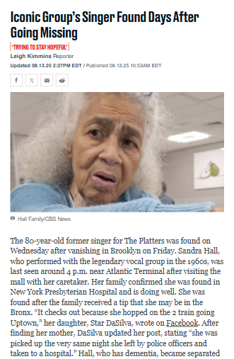 Singer with dementia found safe after subway ordeal