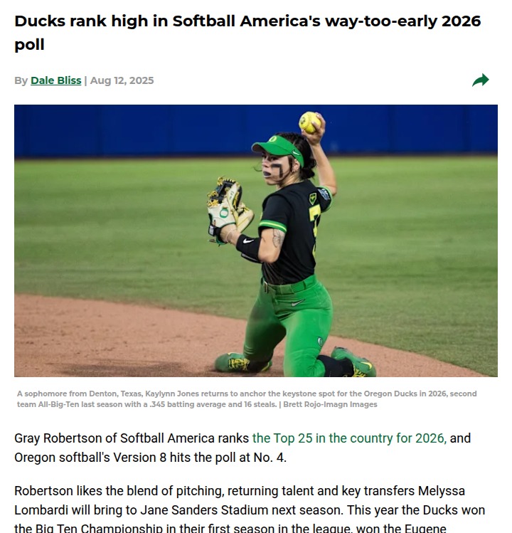 Ducks Soar to No. 4 in 2026 Softball Poll