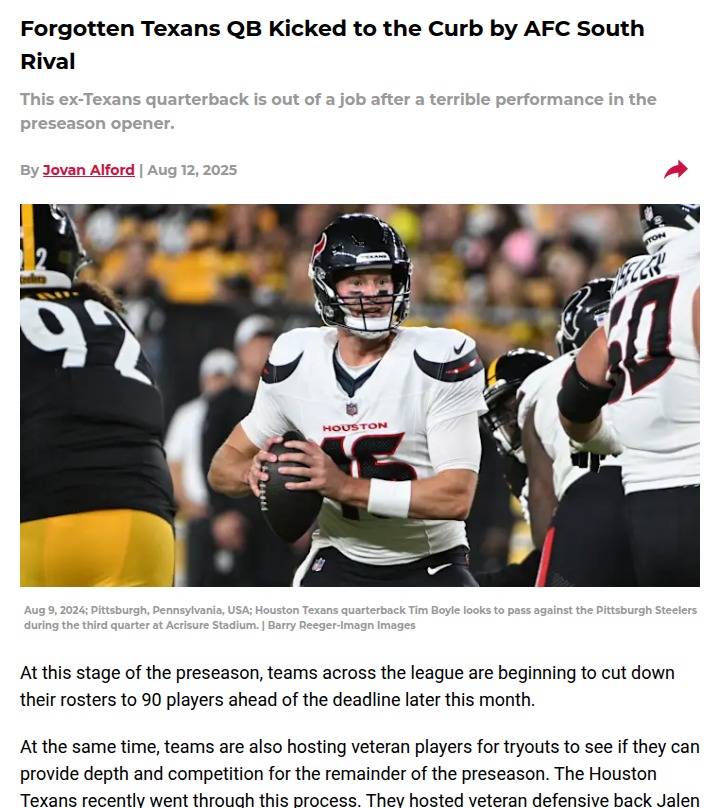 Texans fans react as ex-QB Tim Boyle cut again