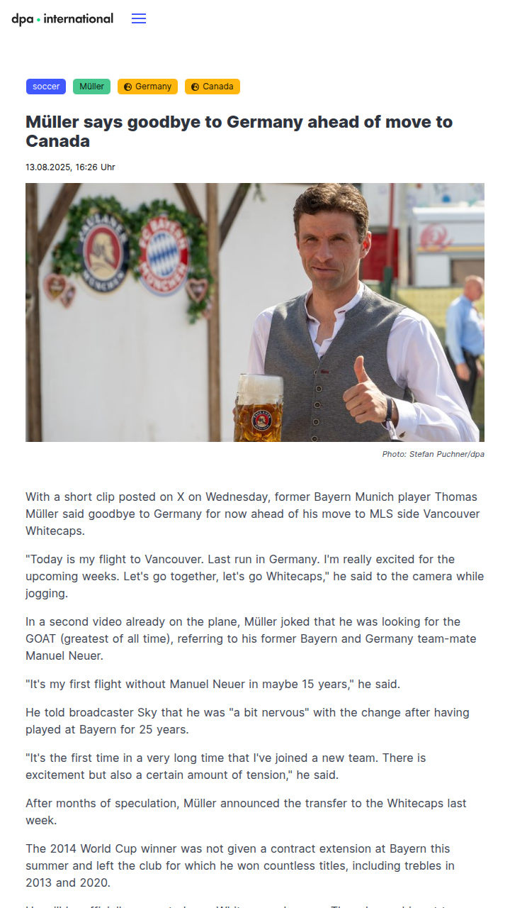 Müller’s Big Leap: From Bayern Legend to Whitecaps