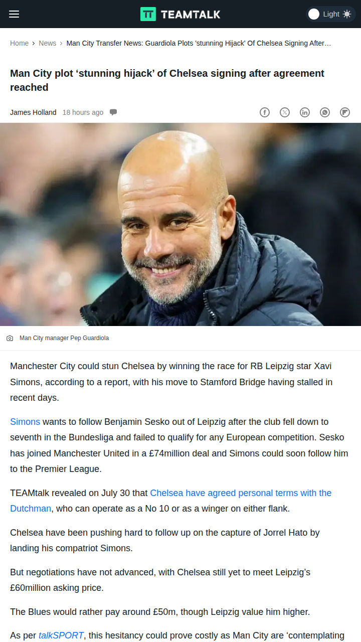 Man City Eyes Simons in Chelsea Transfer Twist