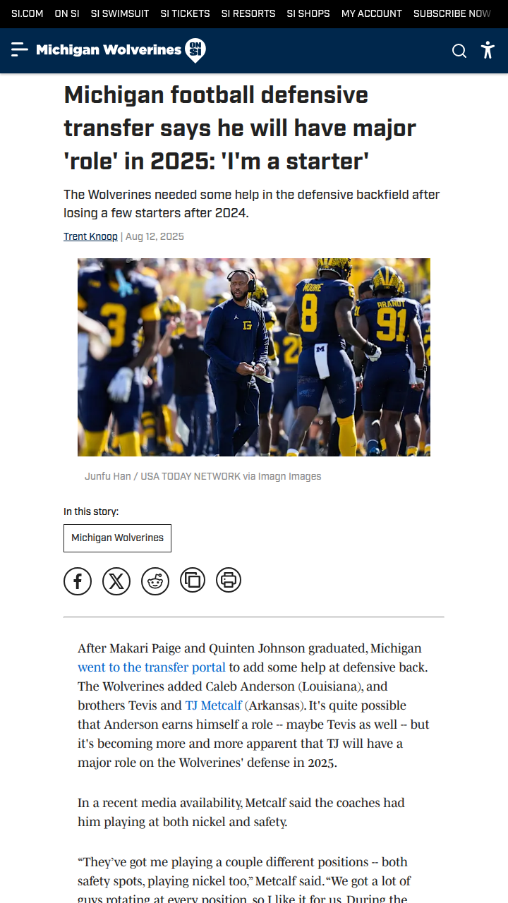 Wolverines' New DB TJ Metcalf: Ready to Lead