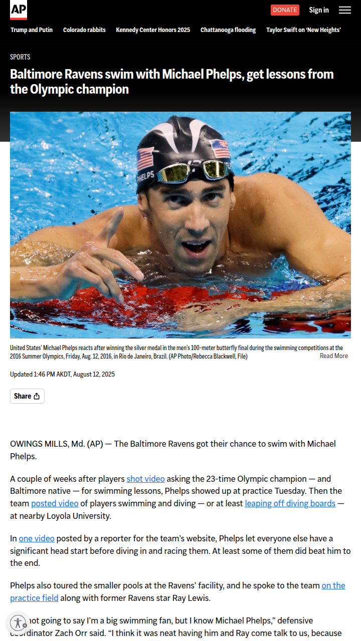 Ravens dive into teamwork with Michael Phelps