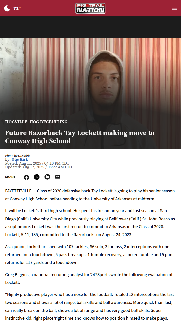 Tay Lockett Heads to Conway: Big Move for Hogs