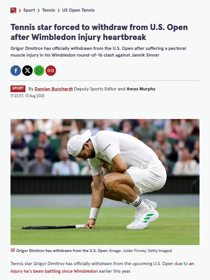 Dimitrov’s Slam Streak Ends After Sinner Clash