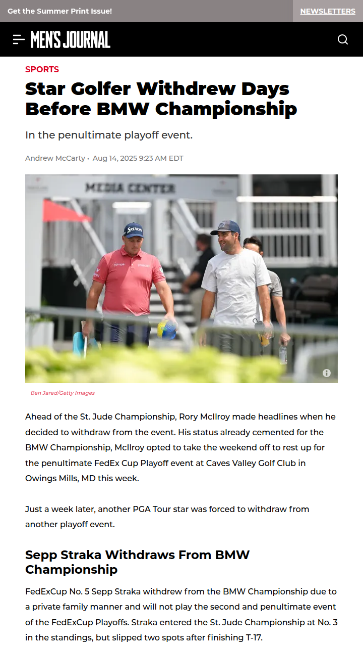 Straka Withdraws from BMW Championship