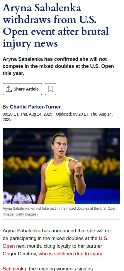 Sabalenka Sits Out US Open Mixed Doubles