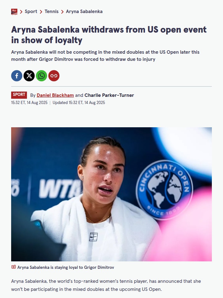 Sabalenka Sits Out US Open for Dimitrov