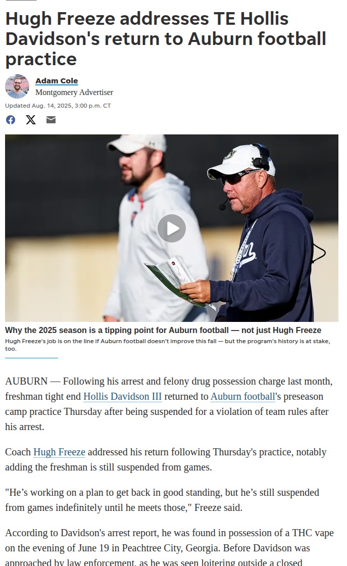 Auburn’s Hollis Davidson returns to practice