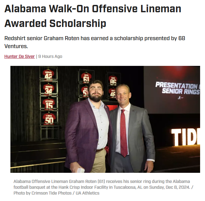 Walk-on lineman’s big moment with Alabama