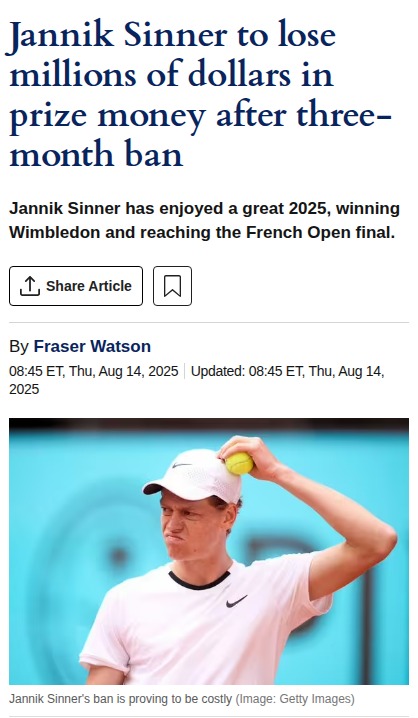 Sinner’s Ban Costs Him Millions in ATP Bonus