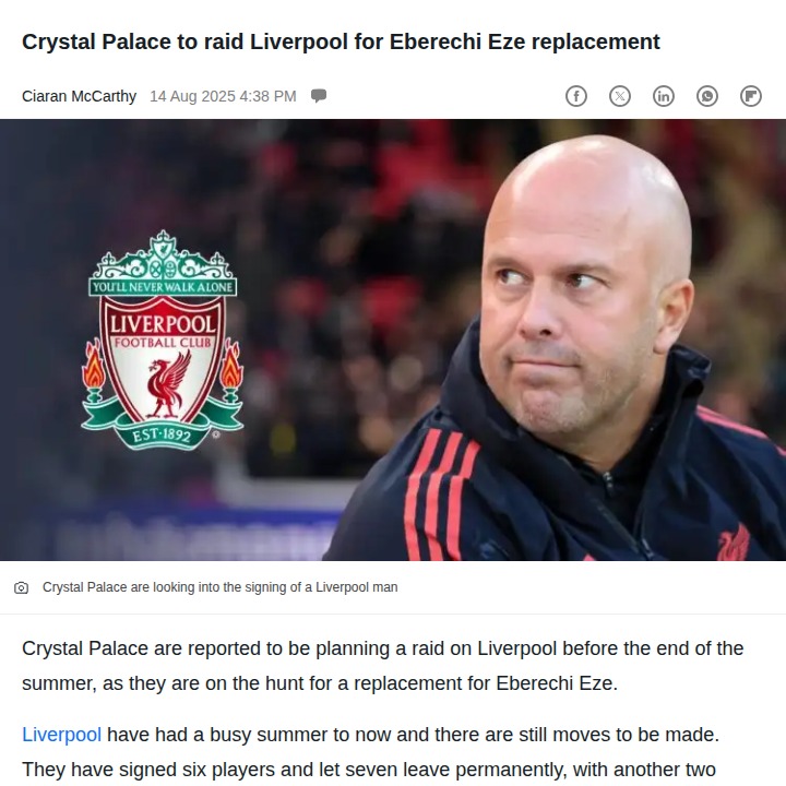 Palace Eyes Reds’ Elliott in Eze Saga