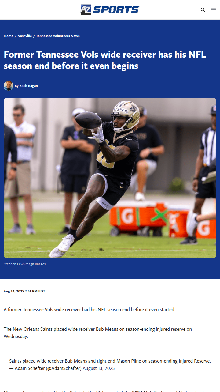 Tough Break for Bub Means: Saints WR Out