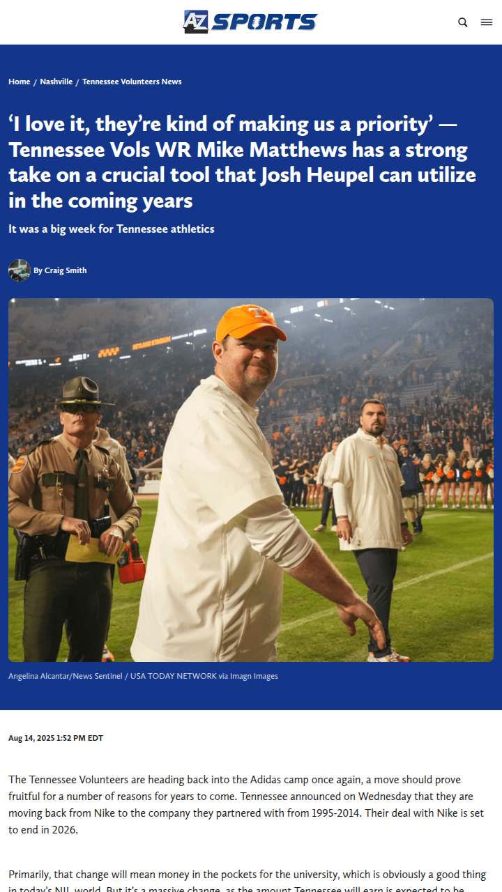 Tennessee Vols score big with Adidas switch