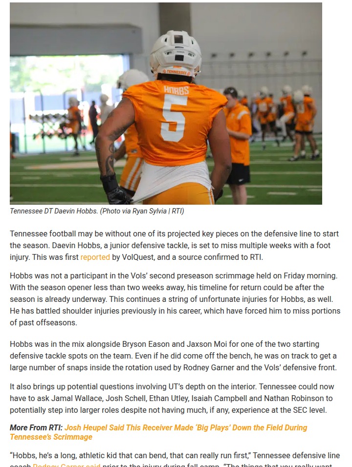 Tennessee’s defensive line faces tough setback