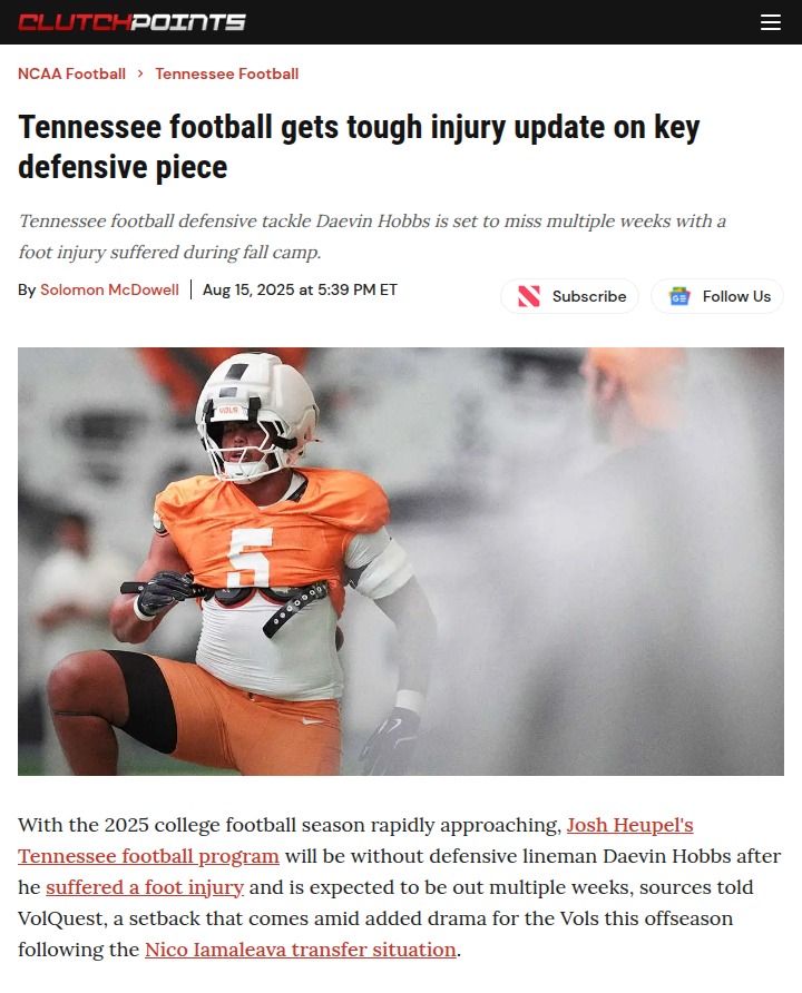 Tennessee’s defense faces big test after Hobbs injury