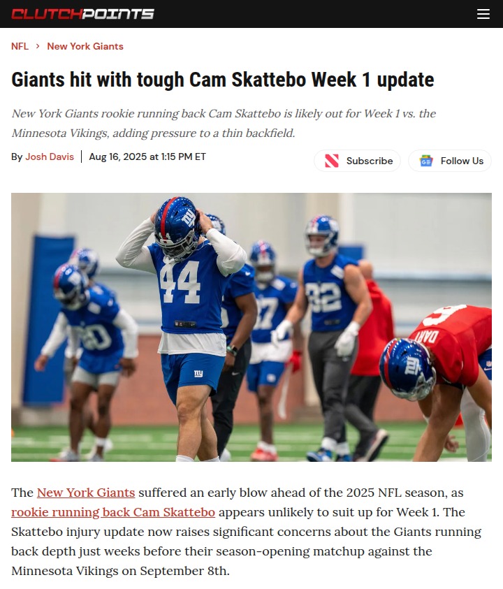 Giants’ backfield faces new setback with Skattebo