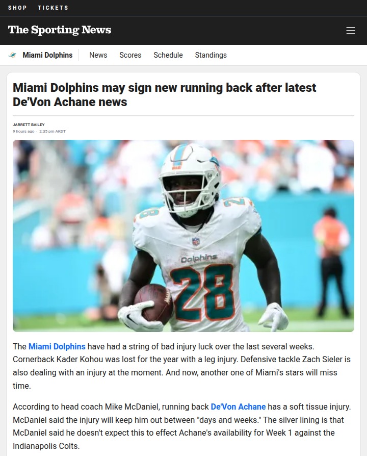 Dolphins eye new RB after Achane injury