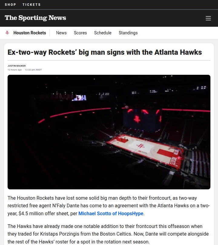 Hawks Land N’Faly Dante for Frontcourt Depth