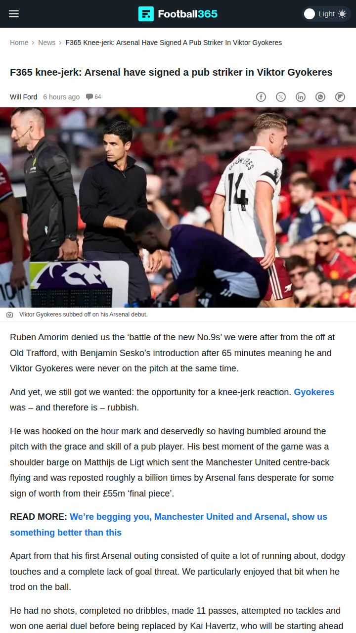 Man United vs Arsenal: Gyokeres Flops Debut