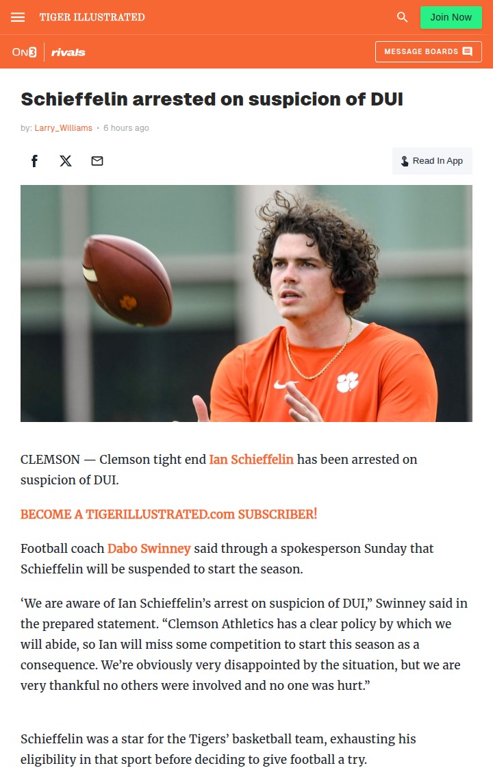 Tigers TE Schieffelin Faces Early Suspension