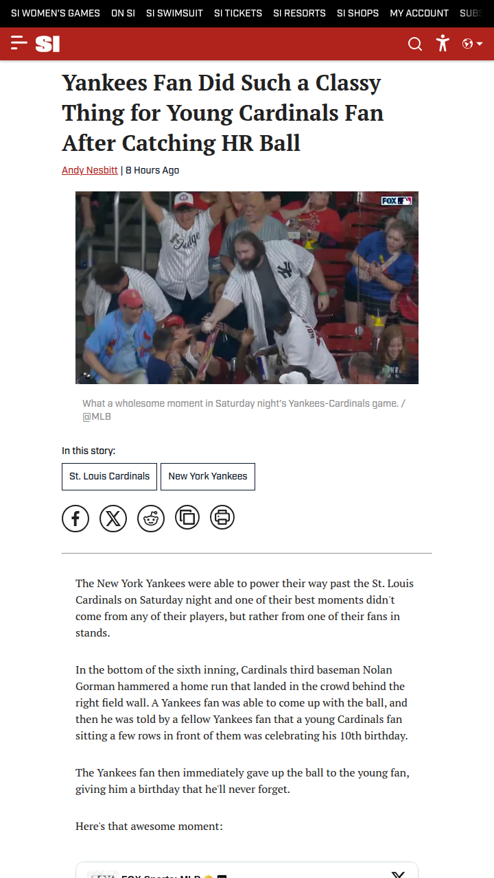 Yankees Fan's Heartwarming Gesture to Cards Kid