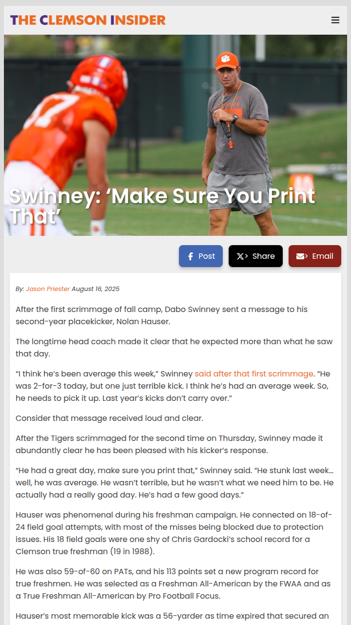 Swinney's Challenge to Hauser Pays Off