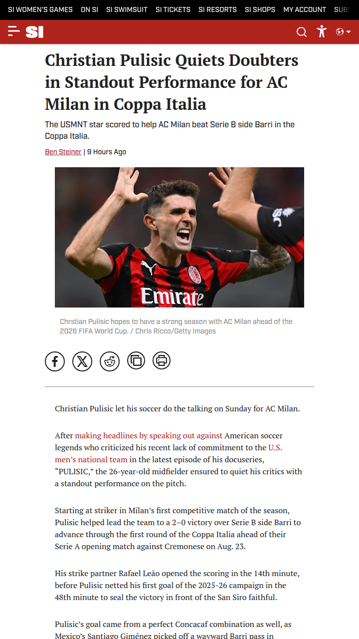 Pulisic Shines in Milan's Coppa Italia Win
