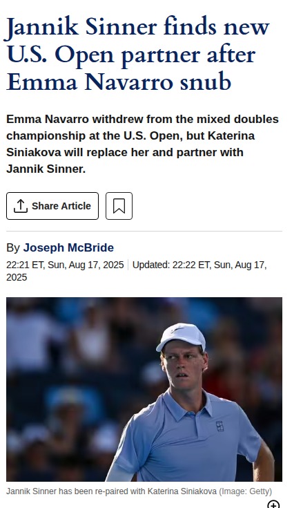 Sinner's New Doubles Partner Sparks Buzz