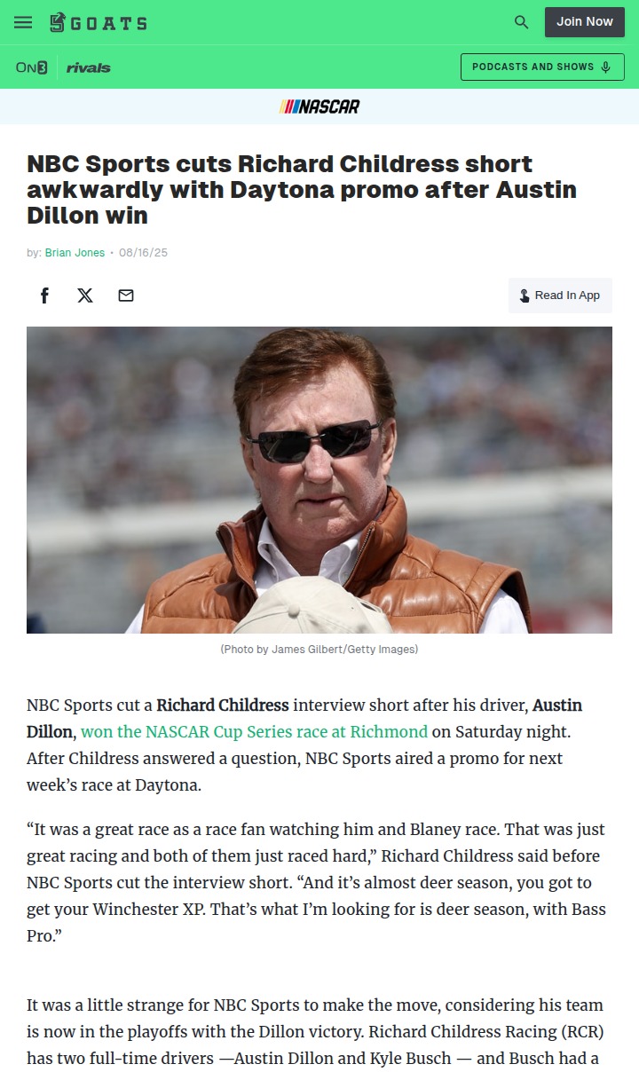 NBC Cuts Childress Short After Dillon Win