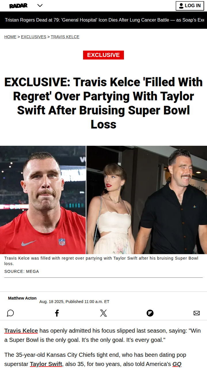 Travis Kelce GQ爆料：和霉霉狂欢后悔了？🤔